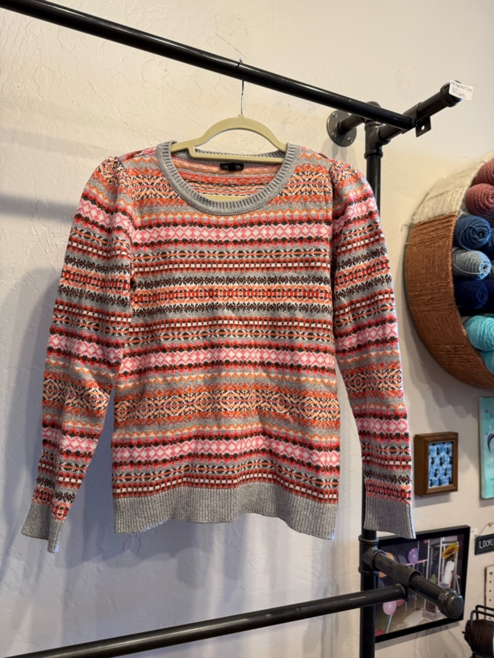 Talbots Pink, Orange & Gray Fair Isle Crewneck Sweater